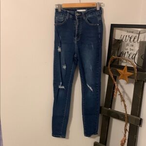 BAMBOO Blue Skinny Jeans with Distressed Details